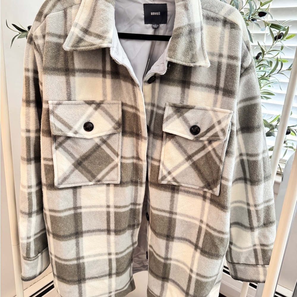 Anthropologie Unveil Plaid Shacket Jacket - Gray/Olive green and cream